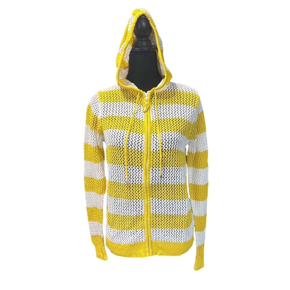 Vintage Quacker Factory Yellow & White Striped Open Knit Hoodie Sweater, Small
